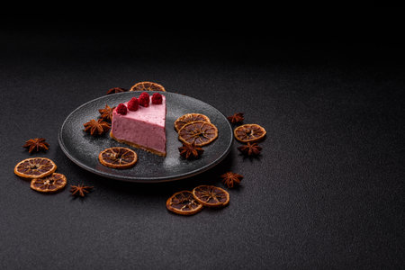 Raspberry or strawberry cheesecake, a slice of sweet red cake with berries. Raspberry cheesecake as...
