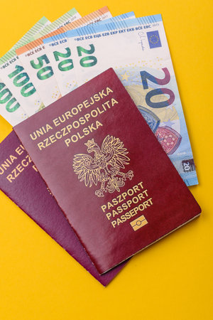 Poland passport for traveling, flying and doing business. Polish document, id for crossing the borderの写真素材