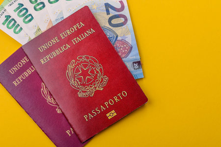 Italy passport for traveling, flying and doing business. Italian document, id for crossing the borderの写真素材