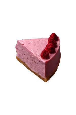 Raspberry or strawberry cheesecake, a slice of sweet red cake with berries. Raspberry cheesecake as a food background for your design.の写真素材