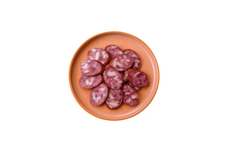 Smoked salami, thin beef or pork sausage, meat snacks. Salami sausage as a food background for your designの写真素材