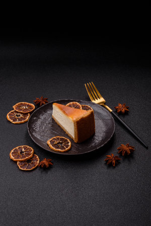 A slice of sweet pie, a classic cheesecake dessert. Cheesecake as a food background for your designの写真素材