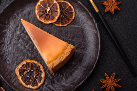 New York cheesecake, a slice of sweet pie, a classic cheesecake dessert. New York cheesecake as a food background for your designの写真素材