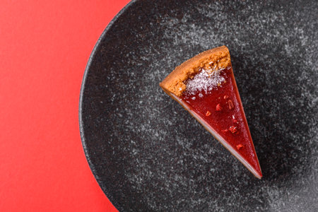 Strawberry cheesecake, a slice of sweet pie, a classic cheesecake dessert. Strawberry cheesecake as a food background for your design.の写真素材