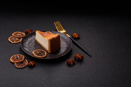 New York cheesecake, a slice of sweet pie, a classic cheesecake dessert. New York cheesecake as a food background for your designの写真素材