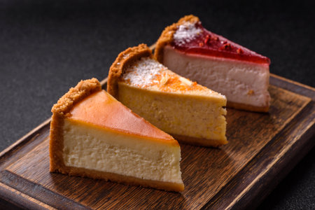 Cheesecake, a slice of sweet pie, a classic cheese dessert. Cheesecake as a food background for your...