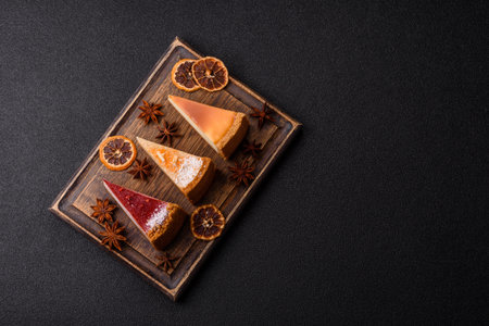 Cheesecake, a slice of sweet pie, a classic cheese dessert. Cheesecake as a food background for your...