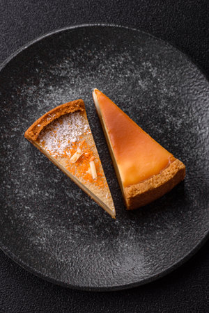 A slice of sweet pie, a classic cheese dessert. Cheesecake as a food background for your designの写真素材