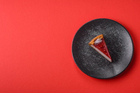 Strawberry cheesecake, a slice of sweet pie, a classic cheesecake dessert. Strawberry cheesecake as a food background for your design.の写真素材