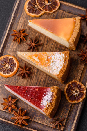 Cheesecake, a slice of sweet pie, a classic cheese dessert. Cheesecake as a food background for your designの写真素材