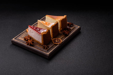 Cheesecake, a slice of sweet pie, a classic cheese dessert. Cheesecake as a food background for your designの写真素材