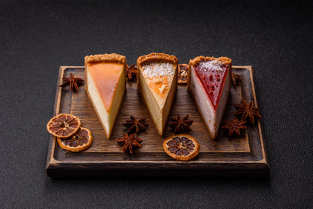 Cheesecake, a slice of sweet pie, a classic cheese dessert. Cheesecake as a food background for your...