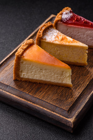 Cheesecake, a slice of sweet pie, a classic cheese dessert. Cheesecake as a food background for your...