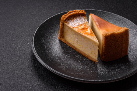 Cheesecake, a slice of sweet pie, a classic cheese dessert. Cheesecake as a food background for your...