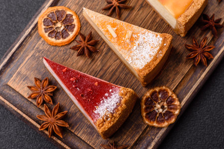 Cheesecake, a slice of sweet pie, a classic cheese dessert. Cheesecake as a food background for your designの写真素材