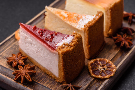 Cheesecake, a slice of sweet pie, a classic cheese dessert. Cheesecake as a food background for your designの写真素材