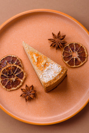 Cheesecake, a slice of sweet pie, a classic cheese dessert. Cheesecake as a food background for your designの写真素材