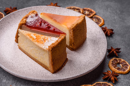 Cheesecake, a slice of sweet pie, a classic cheese dessert. Cheesecake as a food background for your designの写真素材