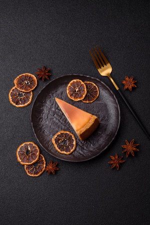 a slice of sweet pie, a classic cheesecake dessert. New York cheesecake as a food background for your designの写真素材