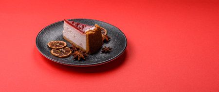 A slice of sweet pie, a classic cheesecake dessert. Strawberry cheesecake as a food background for your design.の写真素材