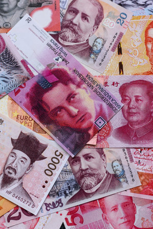 Money background, currency exchange, paper banknotes from different countries. Money cash currency...