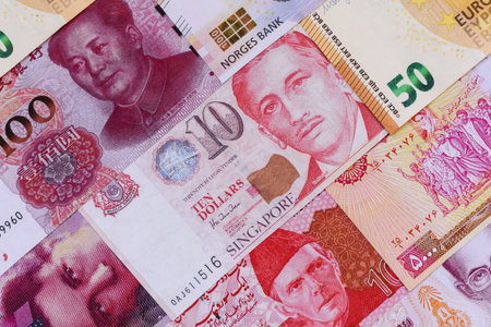 Money background, currency exchange, paper banknotes from different countries. Money cash currency...
