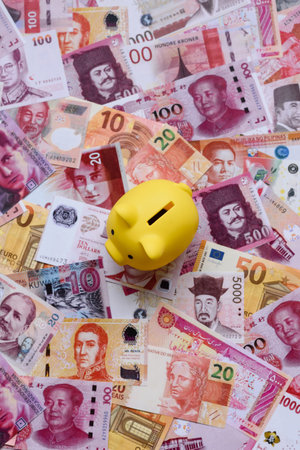 A piggy bank as a concept for storing, accumulating, and saving financial resources. A piggy bank as a financial backdrop for your designの写真素材