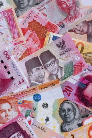 Money background, currency exchange, paper banknotes from different countries. Money cash currency...