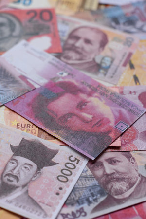 Money background, currency exchange, paper banknotes from different countries. Money cash currency...