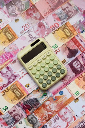 Calculator, money and expense calculations, tax form completion, and business budget concept preparation. Calculator, expense calculations as a financial background for your designの写真素材