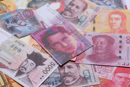 Money background, currency exchange, paper banknotes from different countries. Money cash currency...