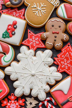Gingerbread, Christmas cookies, and ornamental holiday baked goods. Christmas gingerbread as a backdrop for your designの写真素材