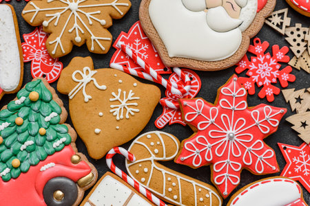 Gingerbread, Christmas cookies, and ornamental holiday baked goods. Christmas gingerbread as a backdrop for your designの写真素材
