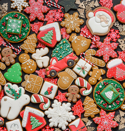 Gingerbread, Christmas cookies, and ornamental holiday baked goods. Christmas gingerbread as a backdrop for your designの写真素材
