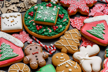 Gingerbread, Christmas cookies, and ornamental holiday baked goods. Christmas gingerbread as a backdrop for your designの写真素材