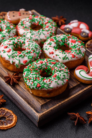 Christmas donuts or doughnuts, holiday winter sweets with chocolate filling and sprinkles. Christmas donuts or donuts as a food background for your design.の写真素材
