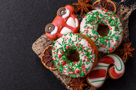 Christmas donuts or doughnuts, holiday winter sweets with chocolate filling and sprinkles. Christmas donuts or donuts as a food background for your design.の写真素材