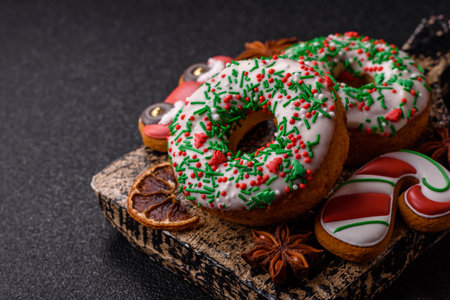 Christmas donuts or doughnuts, holiday winter sweets with chocolate filling and sprinkles. Christmas donuts or donuts as a food background for your design.の写真素材
