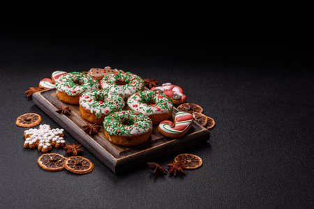 Christmas donuts or doughnuts, holiday winter sweets with chocolate filling and sprinkles. Christmas donuts or donuts as a food background for your design.の写真素材