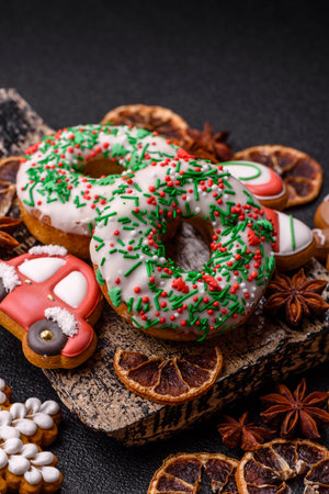 Christmas donuts or doughnuts, holiday winter sweets with chocolate filling and sprinkles. Christmas donuts or donuts as a food background for your design.の写真素材