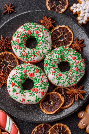 Christmas donuts or doughnuts, holiday winter sweets with chocolate filling and sprinkles. Christmas donuts or donuts as a food background for your design.の写真素材