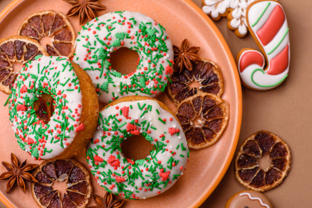 Christmas donuts or doughnuts, holiday winter sweets with chocolate filling and sprinkles. Christmas donuts or donuts as a food background for your design.の写真素材