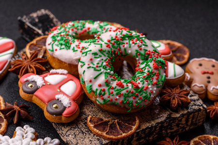Christmas donuts or doughnuts, holiday winter sweets with chocolate filling and sprinkles. Christmas donuts or donuts as a food background for your design.の写真素材