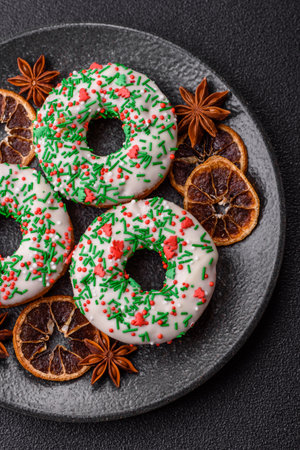 Christmas donuts or doughnuts, holiday winter sweets with chocolate filling and sprinkles. Christmas donuts or donuts as a food background for your design.の写真素材