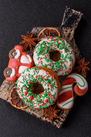 Christmas donuts or doughnuts, holiday winter sweets with chocolate filling and sprinkles. Christmas donuts or donuts as a food background for your design.の写真素材