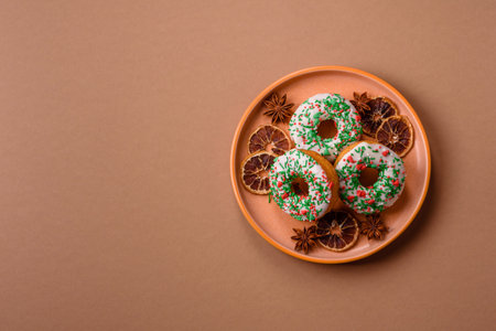 Christmas donuts or doughnuts, holiday winter sweets with sprinkles. Christmas donuts or donuts as a food background for your design.の写真素材