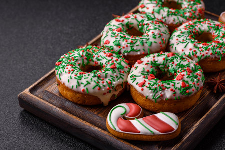 Christmas donuts or doughnuts, holiday winter sweets with chocolate filling and sprinkles. Christmas donuts or donuts as a food background for your design.の写真素材