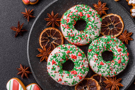 Christmas donuts or doughnuts, holiday winter sweets with chocolate filling and sprinkles. Christmas donuts or donuts as a food background for your design.の写真素材