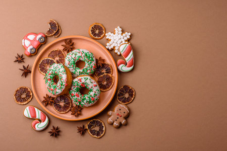 Christmas donuts or doughnuts, holiday winter sweets with chocolate filling and sprinkles. Christmas donuts or donuts as a food background for your design.の写真素材