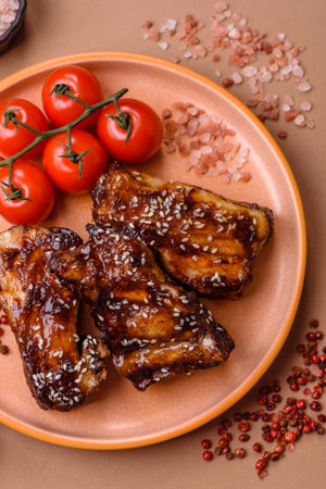 Grilled or bbq pork ribs with sauce, a food prepared for dinner. Grilled ribs as a food background for your designの写真素材